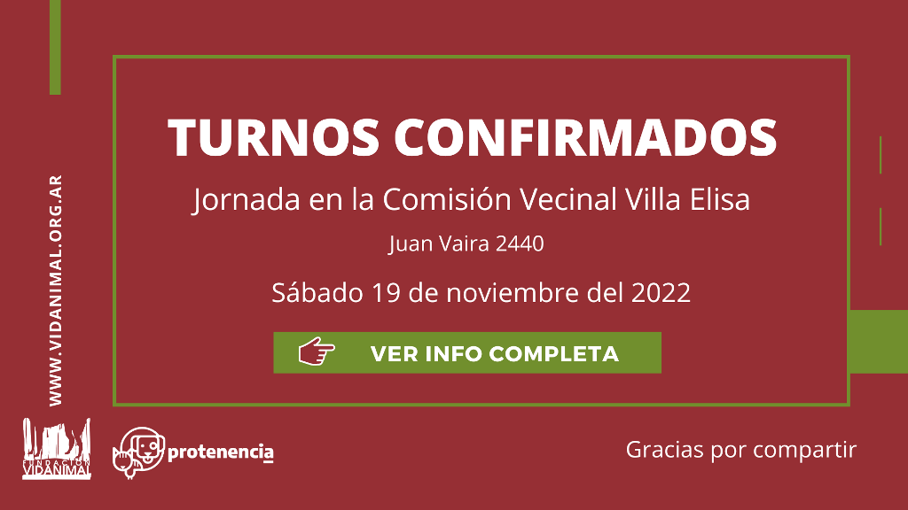 Lista de turnos confirmados: Jornada en la Comisión Vecinal Villa Elisa – Juan Vaira 2440 – Sábado 19 de noviembre del 2022